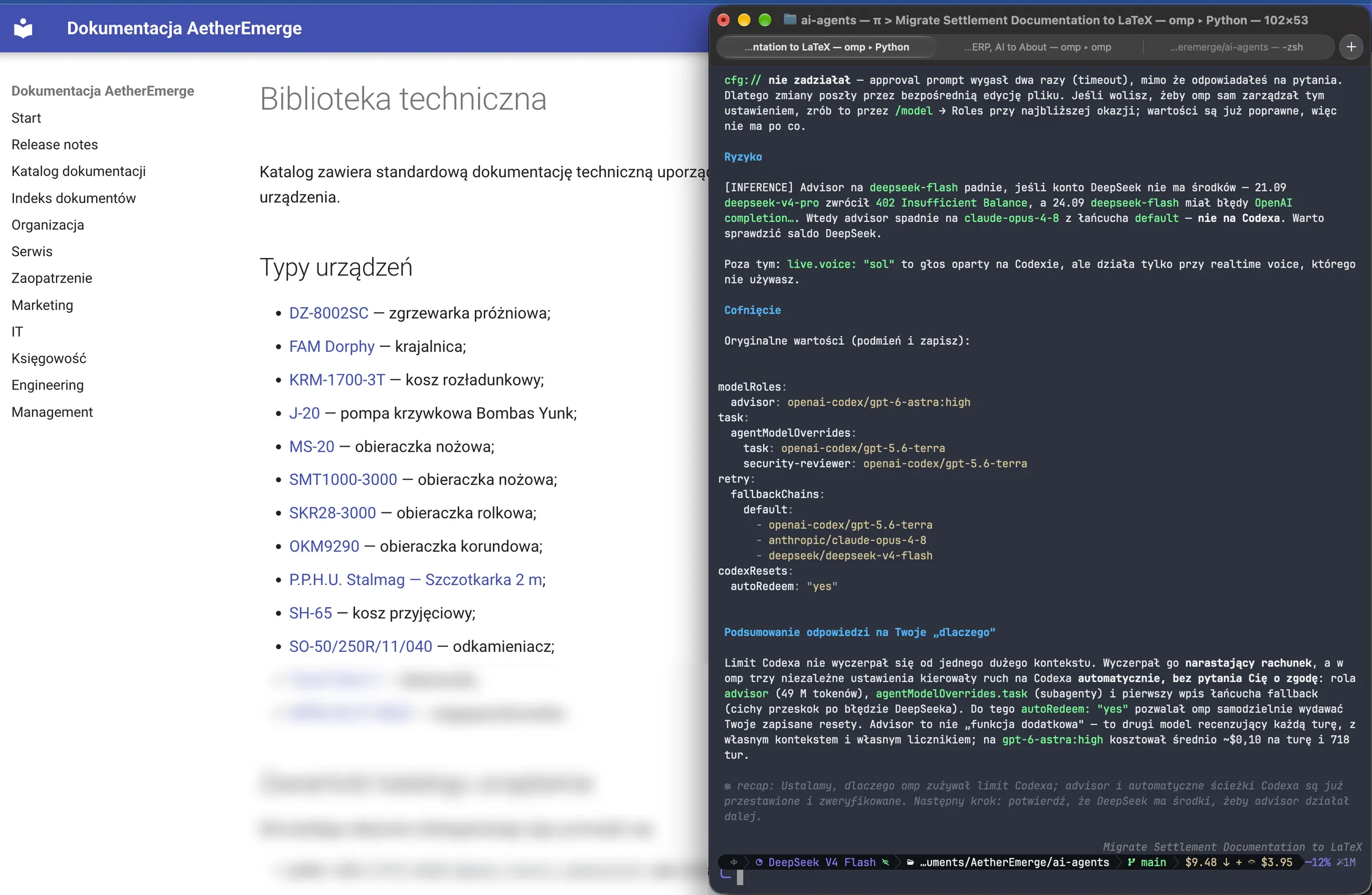 Portal dokumentacji technicznej i okno asystenta AI; fragment wykazu urządzeń rozmyty