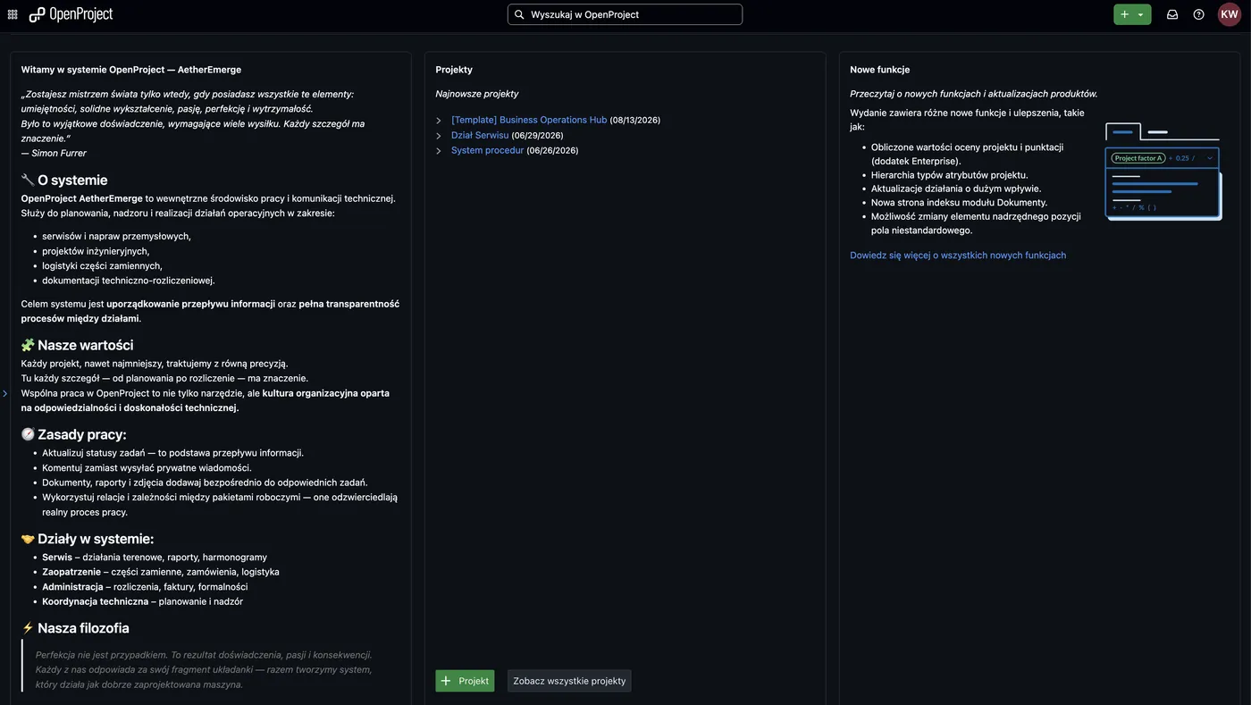 OpenProject: strona powitalna z projektami i zasadami pracy zespołu